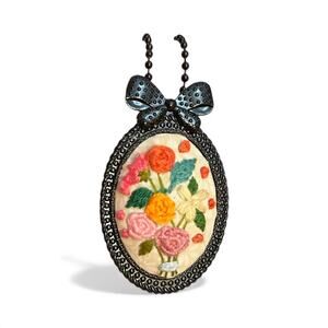 Bright Botanical Embroidery Necklace, Handmade Floral Pendant / Broach